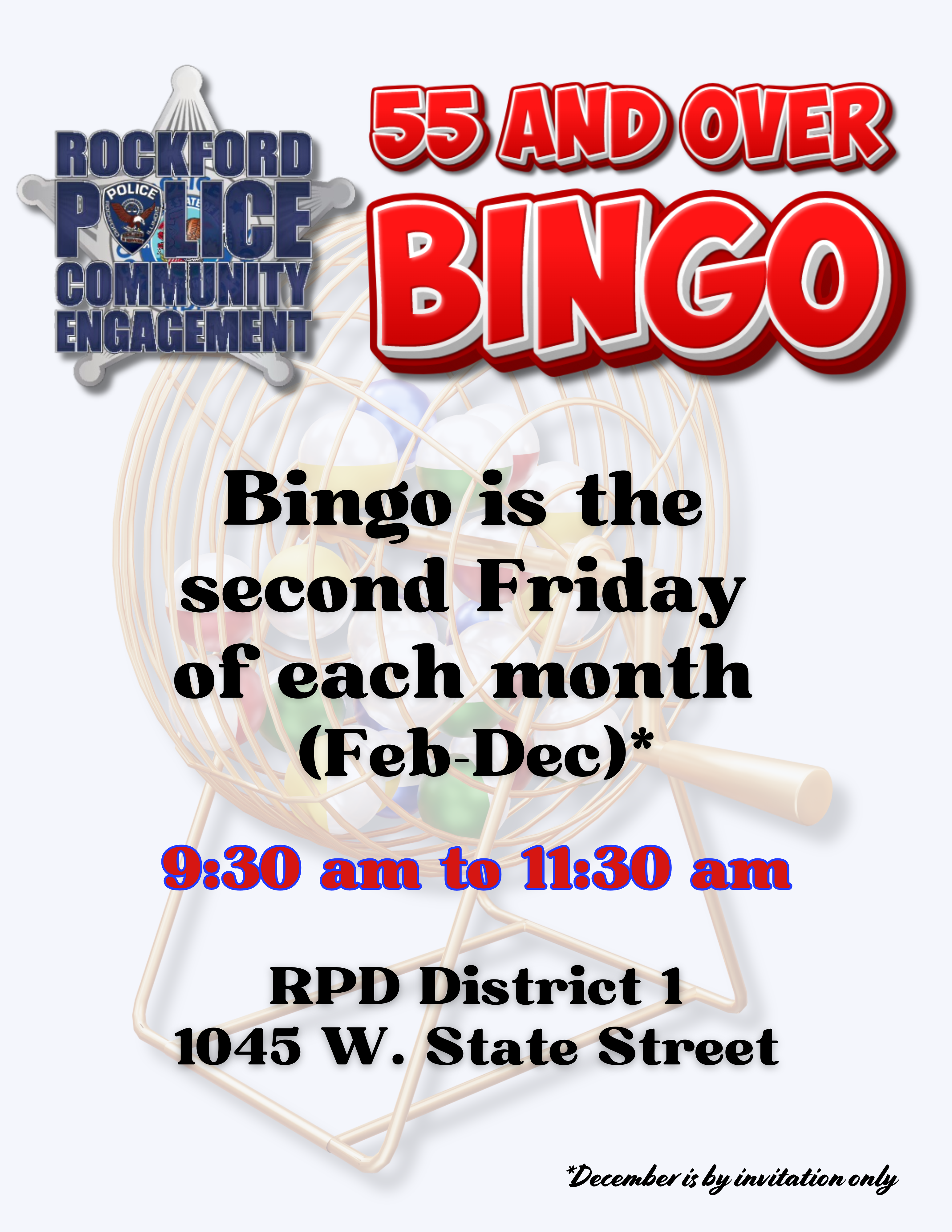 Flyer for bingo with pictures of a bingo ball cage at District 1 starting in February, 930-1130 am